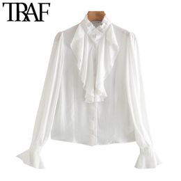 TRAF Women Fashion With Ruffle Trims Blouses Vintage High Neck Long Sleeve Female Shirts Blusas Chic Tops 210415