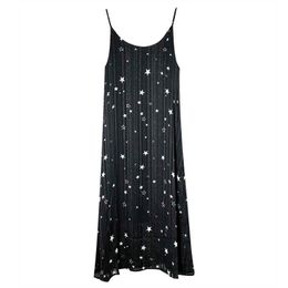 PERHAPS U V Neck Strap Sleeveless Black Star Pleat Midi Dress A Line Chiffon Summer Elegant D0434 210529