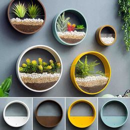 Modern Round Iron Wall Vase Home Living Room Restaurant Hanging Flower Pot Wall Decor Succulent Plant Planters Art Glass Vases 210615