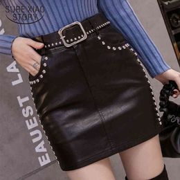 Autumn A-Line Black PU Leather High Waist Mini Sexy Beading Belt Lift Hip Short Winter Skirt Women Faldas 12131 210415