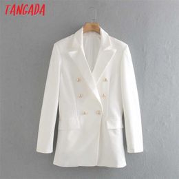 Tangada Women Fashion White Blazer Coat Vintage Double Breasted Long Sleeve Female Outerwear Chic Tops 2XN50 211019
