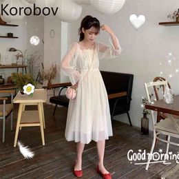 Korobov Korean Lace Patchwork Solid Elegant Vestido High Waist Hip A Line Dress Square Collar Puff Long Sleeve Party Ropa 210430