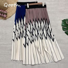 Qooth Stripe Printed Rhombus Pleated Stitching Skirt Female Elegant Bohemian Skirt High Waist A-line Spring Summer Skirt QT564 210518