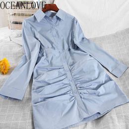 Pleated Vestidos Solid Single Breasted Spring Sexy Shirt Dress for Women Sweet Ins Turn-down Collar Robes 210415