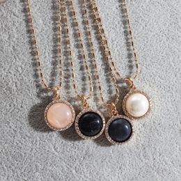 Fashion Natural Stone Pendant Black Bluesand Pink rose Quartz Healing Rhinestone Gold bead Chain Necklace for women Jewelry Short Texture Versatile Necklaces