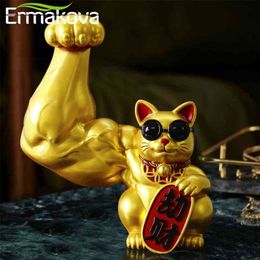ERMAKOVA Muscle Arm Lucky Fortune Cat Figurine Golden Resin Crafts Living Room Cute Animal Statue Sculpture Home Decor Gift 210811