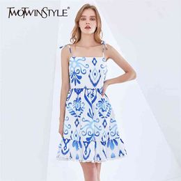 Print Sling Summer Dress Female Square Collar Sleeveless High Waist Midi Dresses For Women Clothing Fashion 210520