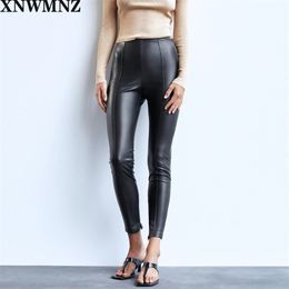 Women black faux leather leggings sexy Female Chic Mid-waist side zip Seam detail invisible High quality 210520
