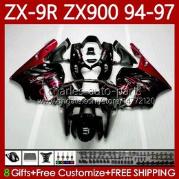 Bodywork Kit For KAWASAKI NINJA ZX-9R ZX900 ZX 9R 9 R 900 CC 1994-1997 Bodys 100No.56 ZX9 R 900CC ZX-900 ZX9R 94 95 96 97 ZX900C 1994 1995 1996 1997 OEM Fairing red flames blk