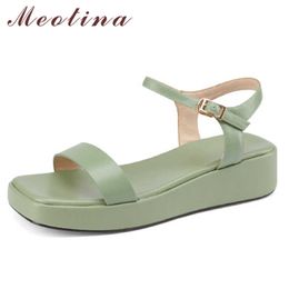 Meotina Sandals Shoes Women Natural Genuine Leather Sandals Flat Platform Sandals Square Toe Sheepskin Ladies Footwear Green 210608