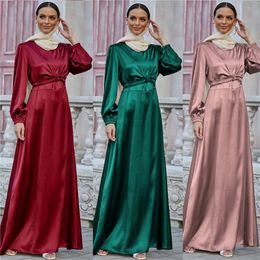 Ethnic Clothing Muslim Fashion Women Long Kaftan Moroccan Islamic Skirt Musulmane Abaya Dubai Robe Femme Casual Turkish Waist Belted Satin