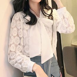 Women's White Korean Fashion Clothing Bow Chiffon Blouse Solid Shirts Ladies Tops 3474 50 210415