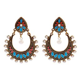 Dangle Chandelier Indian Jewelry Ethnic Vintage Color Metal Tassel Pendant Earrings for Women Bohemian Moon Shaped Flower Totem Drop Earring Gifts