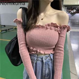 Nomikuma Sexy Cropped Tops Women Solid Colour Slash Collar Long Sleeve Short T Shirt Cross Design Slim Tshirt Female Fashion 210514