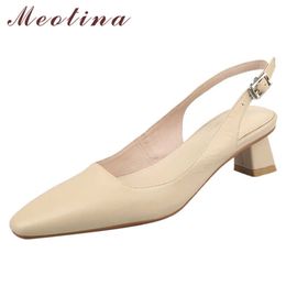 Meotina Natural Genuine Leather Mid Heels Pumps Slingbacks Women Shoes Square Toe Thick Heel Buckle Dress Lady Footwear Beige 40 210608
