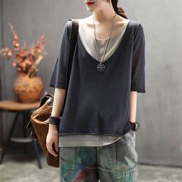 Summer Arts Style Women Half Sleeve Loose Tshirt Casual False Two Pieces O-neck Vintage linen Tee Shirt Femme Tops D412 210512