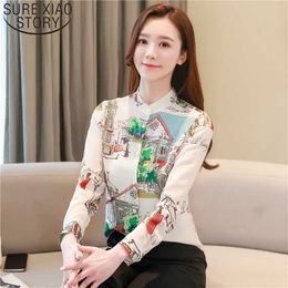 Spring Fashion OL Vertical Collar Lady Tops Long Sleeve Slim Printed Mulberry Silk Temperament Women Blouse Blusa 8115 50 210528