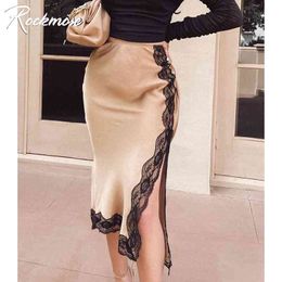 Rockmore Vintage Lace Satin Women'S Midi Skirt Harajuku High Waist Split French Elegant Long Skirts Fashion Clothes Summer 2021 X0428