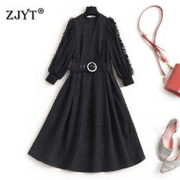 Fashion Designers Spring Robe Elegant V Neck Solid Black White Jacquard Dress Women Casual Aline Vestidos 210601