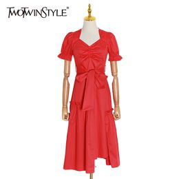 TWOTWINSTYLE Lace Up Elegant Women Dresses V Neck Puff Short Sleeve High Waist Midi Dress Female Fashion Autumn Clothes 210517