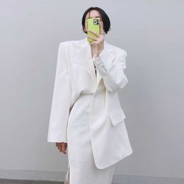 Blazer & Suits Skirt Suits Office Lady Fashion Temperament Loose White Lapel Blazer Jacket Slim A Line Split Skirts Pink Wild 210610