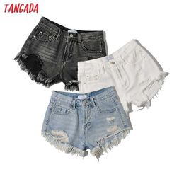 Tangada Women Ripped Tassel White Denim Shorts Zipper Pockets Female Retro Casual Shorts Pantalones PP13 210609