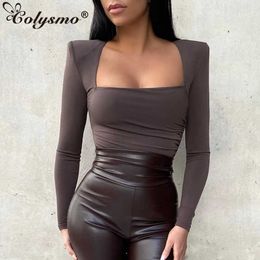 Colysmo Fall Black Bodysuit Top Shoulder Pads Square Neck Long Sleeve Button Ruched Bodycon Romper Women Casual Outfits 210527