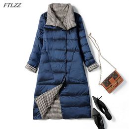 Autumn Winter Women Double Sided Ultra Light Long Down Coat 90% White Duck Parkas Warm Snow Plaid Outwear 210430