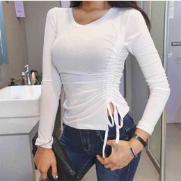 Top Sexy White T Shirt Women Elasticity T-Shirt Korean Style Tee Woman Clothes Slim Tshirt Female Skinny Long Sleeve Tops 210423