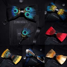 Kamberft Brand Men Bow-tie Brooch Set Feather Style Leather Bow Tie Adjustable Formal Bowtie Wedding Party Best Gift