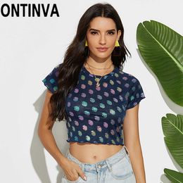 Women Tshirt Bling Print Floral Summer Short Sleeve Shiny Tee Shirs Blue Colour Ladies Fashion Casual T-Shirt Tops Clothes 210527