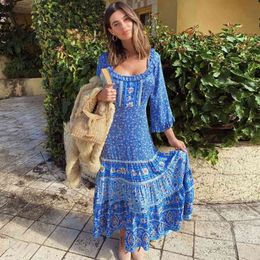 Inspired blue floral frill neckline long sleeve gypsy women maxi belt tied summer dress 210412