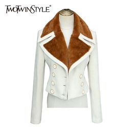 TWOTWINSTYLE Temperament Thick Vintage Jacket For Women Lapel Long Sleeve PU Leather Tunic Short Tops Female Winter Fashionable 210517