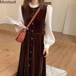 Vintage Elegant Velvet Women Long Dress Patchwork Full Sleeve Stand Collar Single-breasted Dresses Party Ladies Vestidos 210513