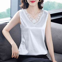 Korean Fashion Silk Women Tank Top Lace Satin Sleeveless s Tops Plus Size XXXL Black for 210427