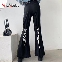 Women Flare Pants Drawstring Stitching Bandage High Waist Casual Gothic Harajuku Slit Trousers Style Streetwear 210517