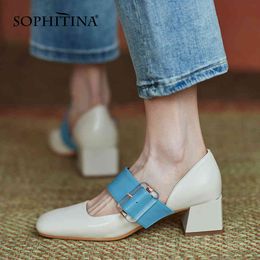 SOPHITINA Pumps Woman Mix Colors Shallow Square Toe Genuine Leather Buckle Strap Med Chunky Heel Office Lady Shoes PO1041 210513
