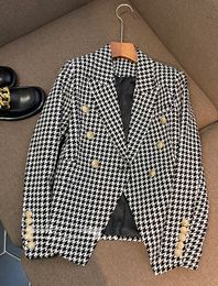 2021 Fall Autumn Long Sleeve Notched-Lapel Black Houndstooth Plaid Slim Metal Buckles Double-Breasted Blazers Elegant Top Quality Outwear Coats 21O13881