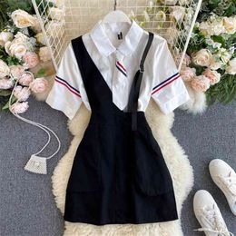 Summer Dress Suit For Women Short Sleeve Shirts + High Waist Suspender Skirt Two Piece Set Dresses 210428