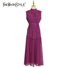 TWOTWINSTYLE Vintage Ruched Dress For Women Stand Collar Sleeveless High Waist Chiffon Midi Dresses Female Fashion 210630