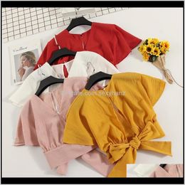 Womens Summer Vneck Shirts Backless Bowtie Lace Up Chiffon Blouses High Waist Short Batwing Sleeved Sexy Tank Tops Spring1 Jedvp Opsyk