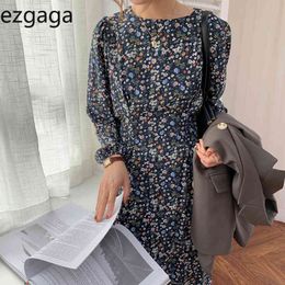 Ezgaga Chiffon Midi Dress Women Elegant Tender O-neck Floral Printed Slim Waist Long Sleeve Dresses Base Party Vestidos Feminino 210430