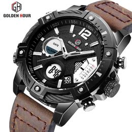 GOLDENHOUR Men Watch Top Luxury Brand Men's Military Sports Watches Leather Quartz Wristwatch Waterproof LED Digital Male Clock 210517
