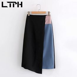 korean skirt Contrasting Colour stitching design women High Waist Irregular Mid-length Package Hip skirts Spring 210427