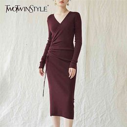 Drawstring Black Knitted Dress For Women V Neck Long Sleeve High Waist Midi Dresses Female Fashion Clothing 210520