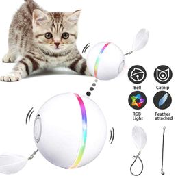 Smart Cat Toys Ball Interactive Catnip USB Rechargeable Toys for cats Automatic Colourful Led Feather Bells Toys Goods for cat 210929