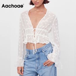 Summer Beach White Shirt Women Sexy Deep V Neck Party Short Tops Dot Embroidery Chic Chiffon Blouse Ropa Mujer 210413