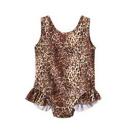 1-5Y Summer Infant Toddler Kid Girl Swimsuit Leopard Ruffles Swimwear Beachwear Bathing Suit 210515