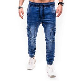 Blue Vintage Man Jeans Business Classic Style Denim Male Cargo More Pockets Frenum Ankle Banded Casual Pants S-3XL