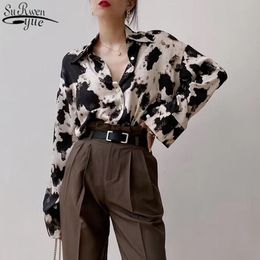 Long Sleeve Blouse Cow Print Button Up Shirts Women Korean Spring Clothes Chiffon Streetwear Plus Size Tops New Blusas13486 210417